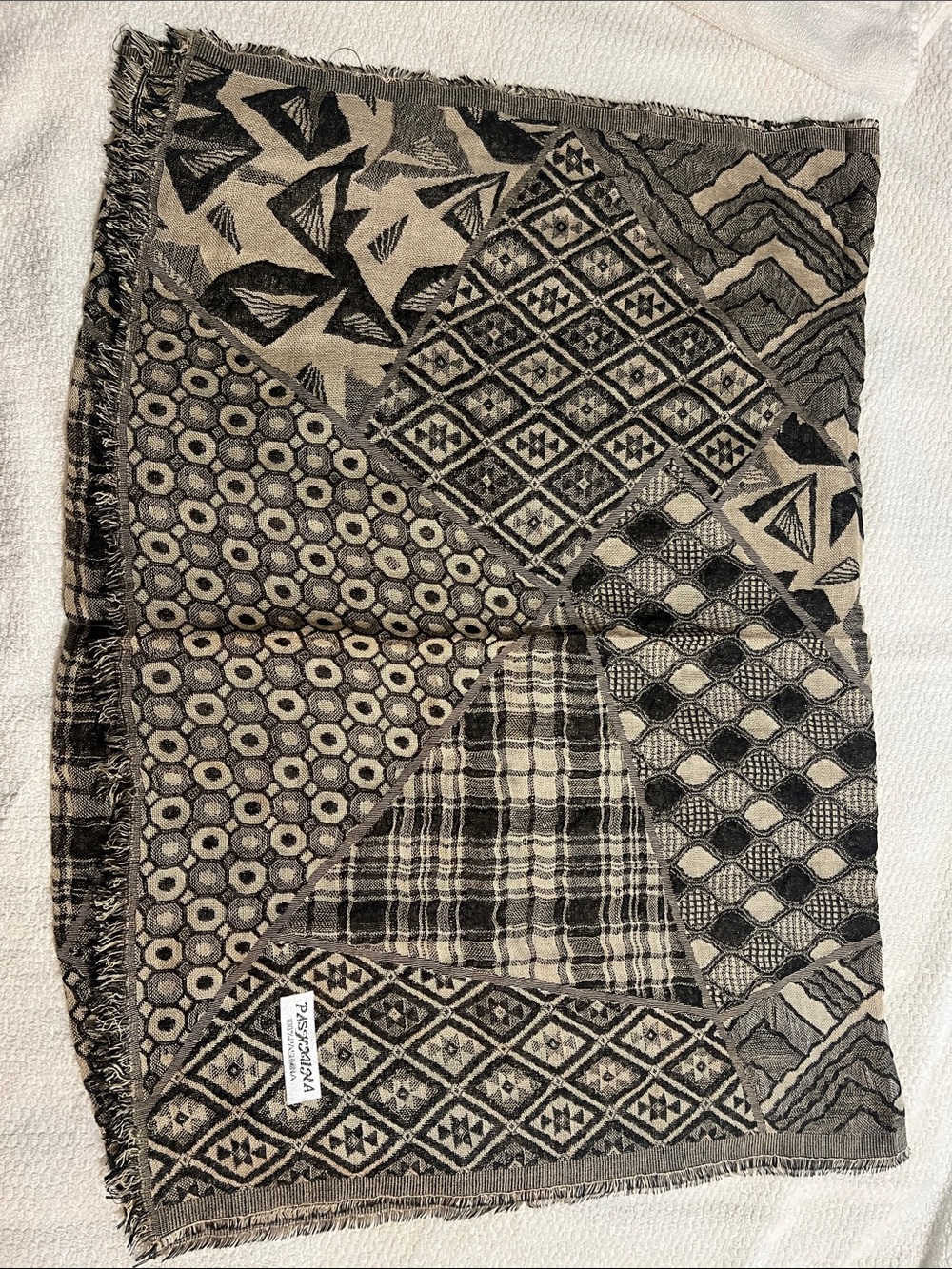 pashmina Black and Beige Geometric Patchwork Scarf NWOT